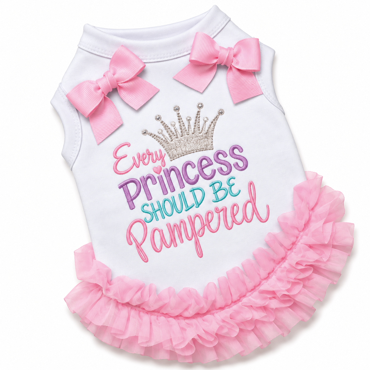 Embroidered dog T-shirts with optional ruffles and bows